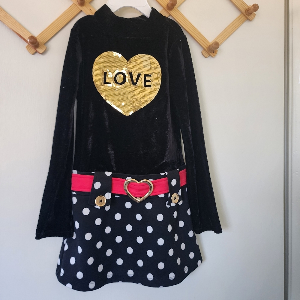🌻2/$25 Basic editions girls 4/5 velvet sequins heart drop waist polka-dot dress